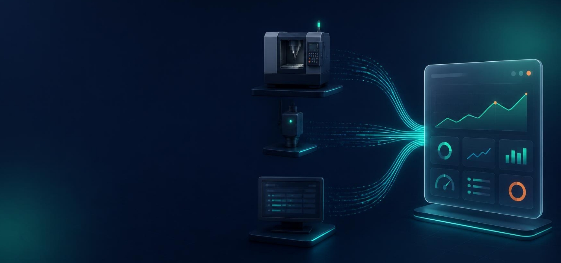 Manufacturing AI data foundations: machine, IoT sensor and ERP data streams converging into one clean analytics dashboard